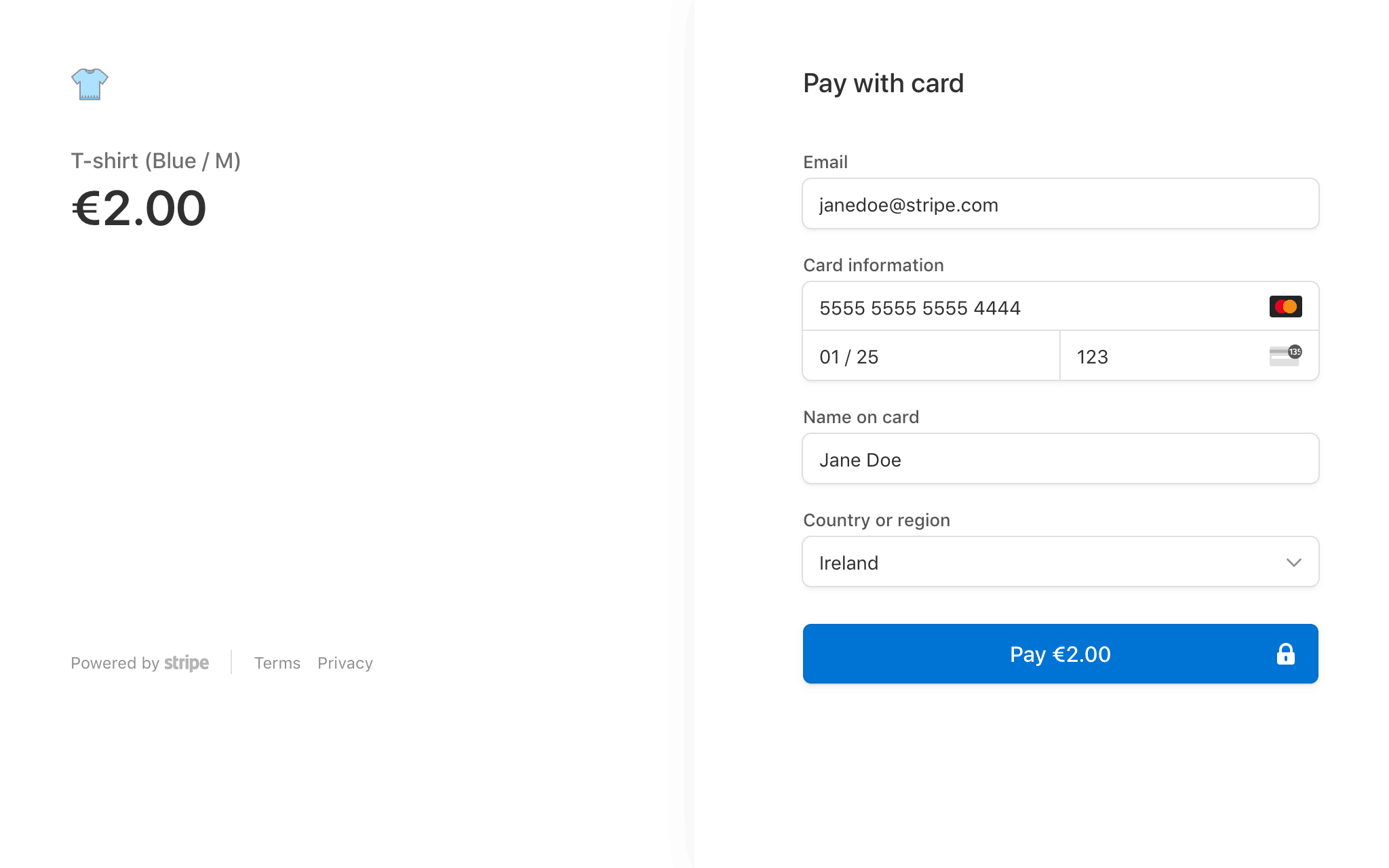 A Stripe checkout page with the payment information filled out, including the Pay button