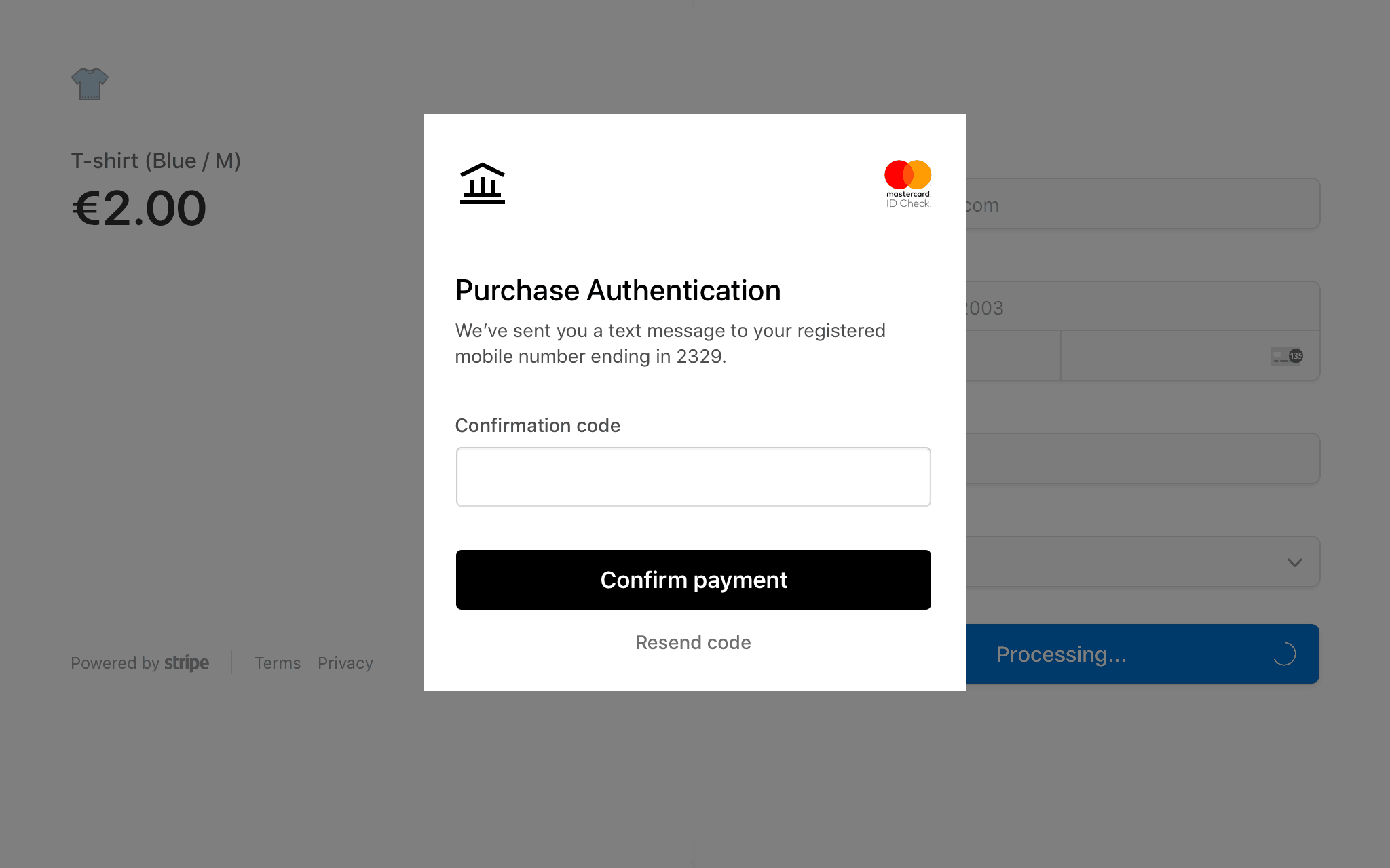 A dialog that displays a loading animation after clicking the Pay button, which now says Processing.