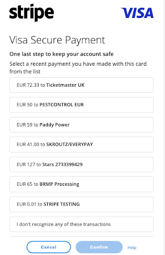 A modal showing a sample security question with choices of payment history. The header has a Your Bank placeholder logo and Card Network placeholder logo. The security question says "From the following list please identify a recent payment you have made using this card". There are 5 options with payment information about whether the payment was online, the purchase amount, and the merchant name. The last option says "None of the above". There is a blurple button at the bottom that says "Verify".