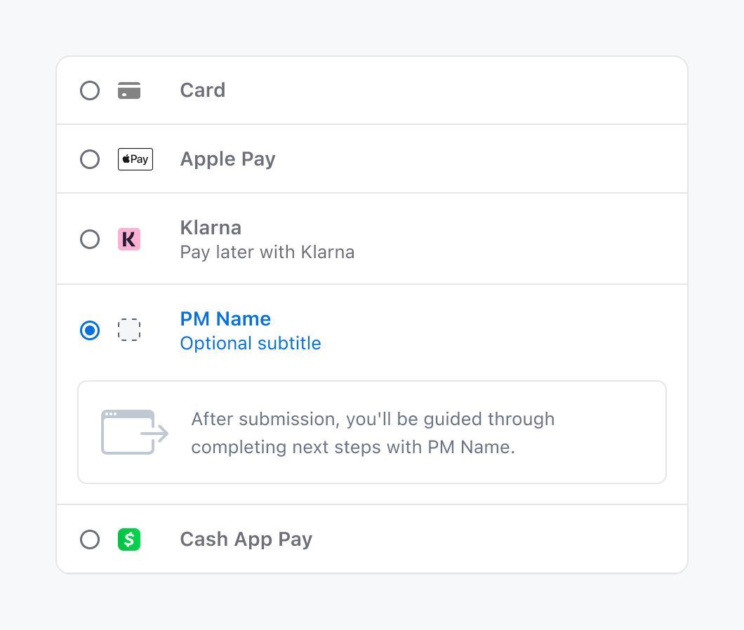 Stripe Payment Element showing a custom payment method called PM Name.