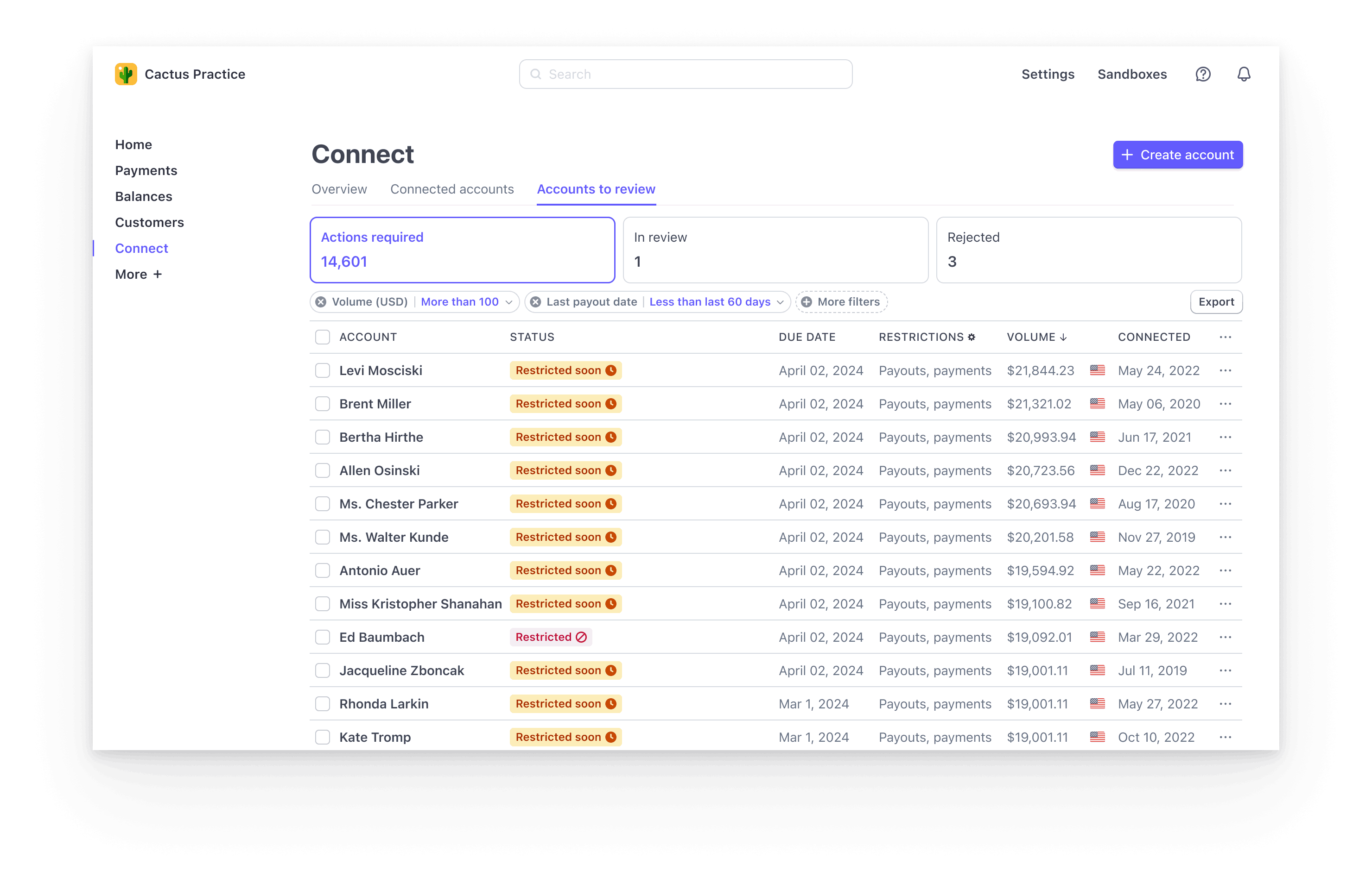 The Accounts to review page showing connected accounts that need action.