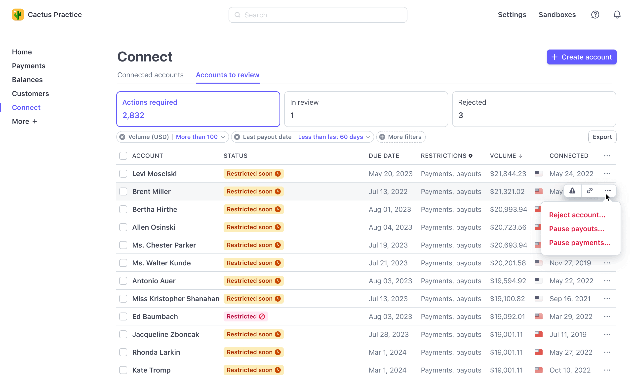 A dropdown menu showing the ability to reject the connected account, resume payouts, or resume payments