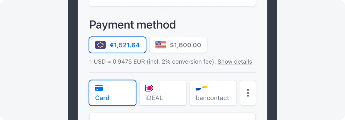 The Currency Selector Element placed above the Payment Element