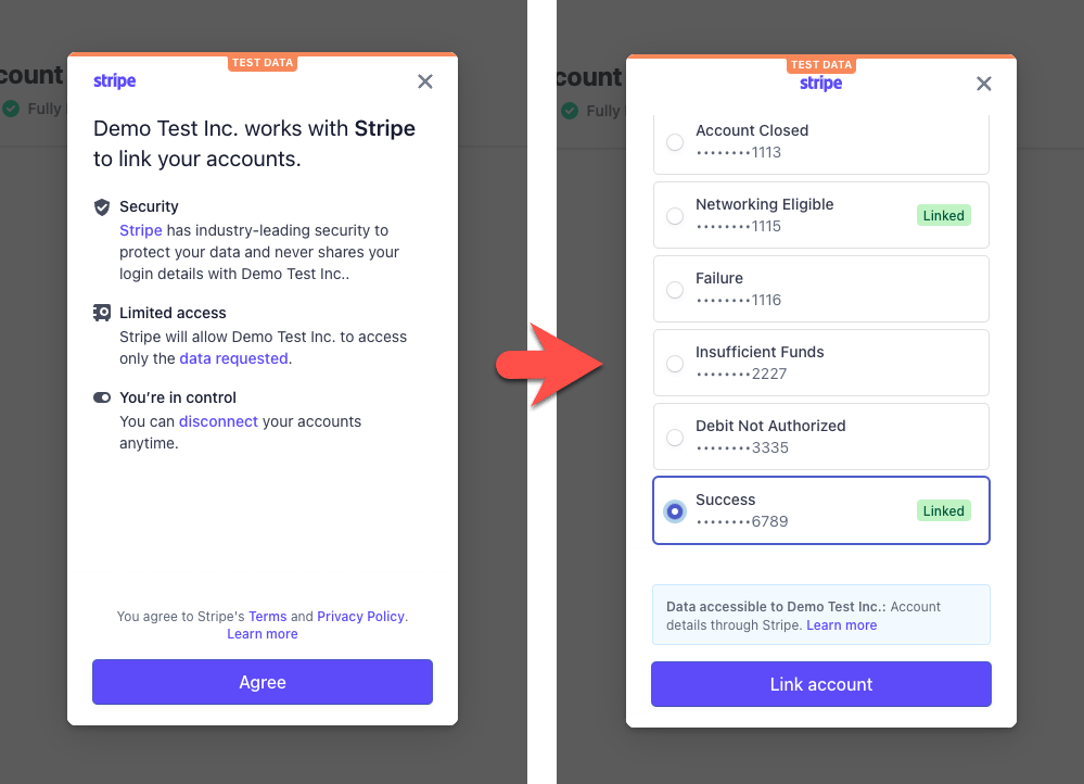 Screenshot of a modal going through the workflow of adding a bank account. First state of modal shows the authorise step with an Agree button and the next state shows the highlighted account with a Link Account button.