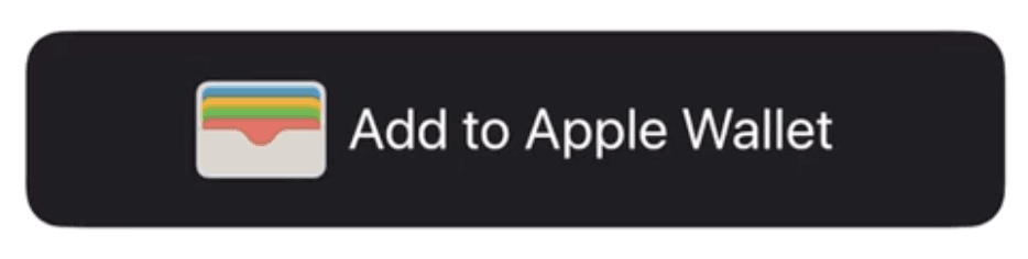 「Add to Apple Wallet」という黒色の UI ボタン。テキストの左側には Apple Wallet ロゴイメージがあります。青、黄、緑、赤のカードが少しずつずれて重なっているグレーのウォレットです。