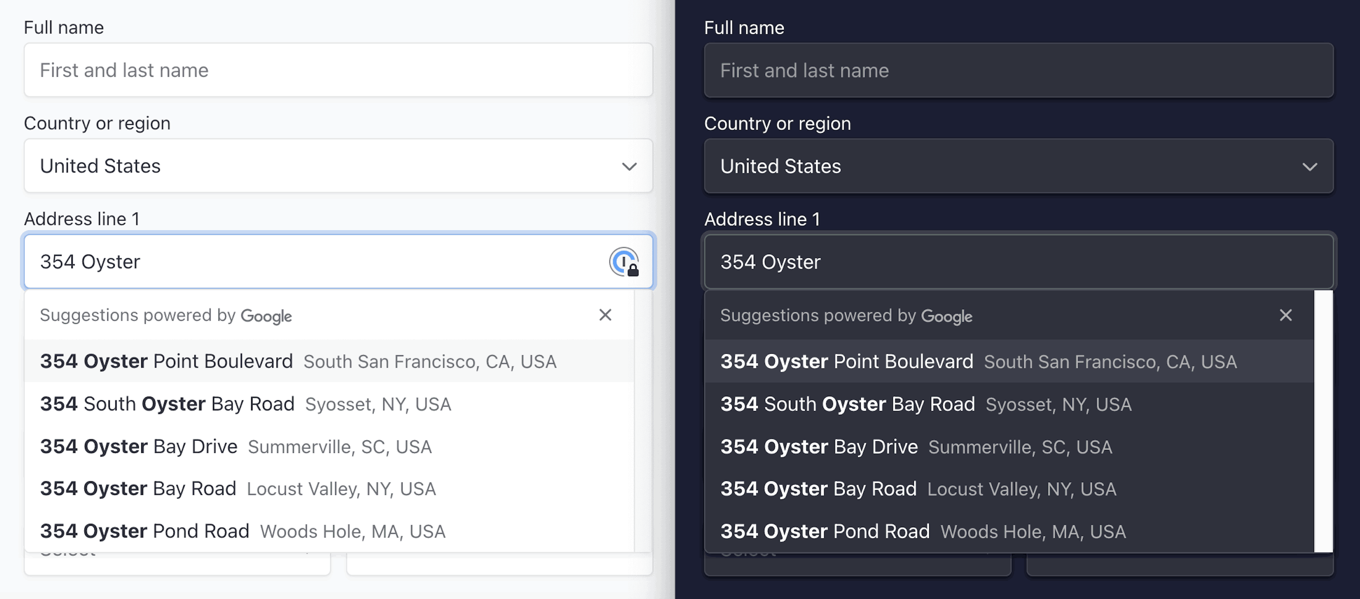 Examples of light and dark modes for the address element.