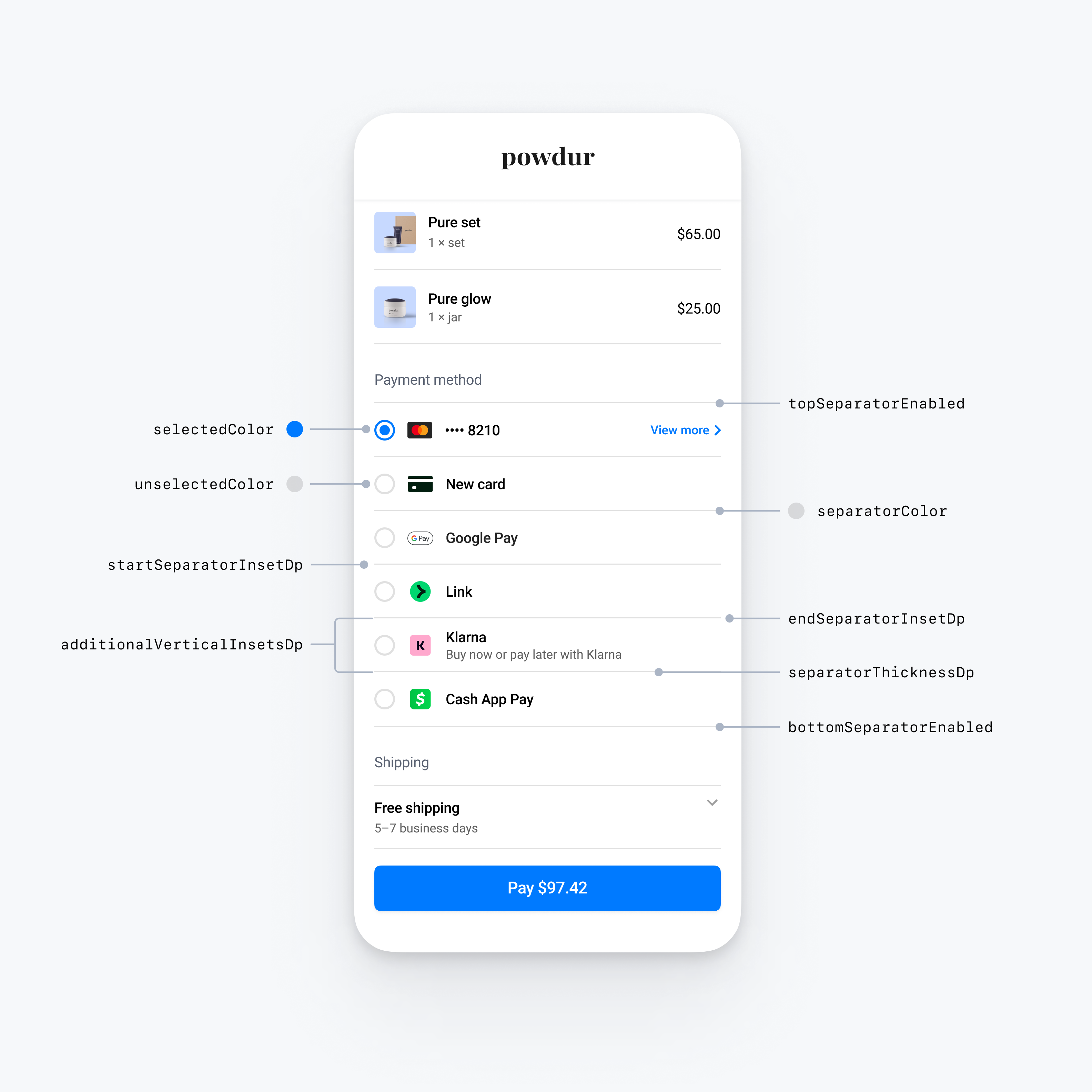 Embedded payment element styled using flat with radio buttons