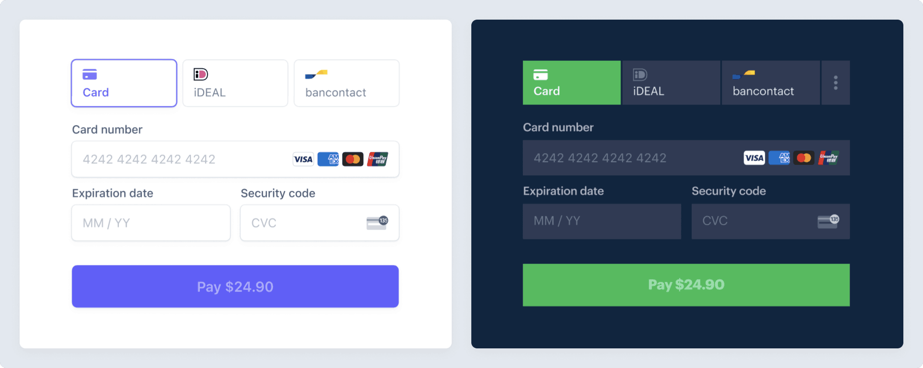 Contoh mode terang dan gelap untuk formulir checkout elemen pembayaran.