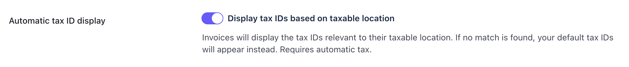 Automatic tax IDs settings in the Stripe Dashboard