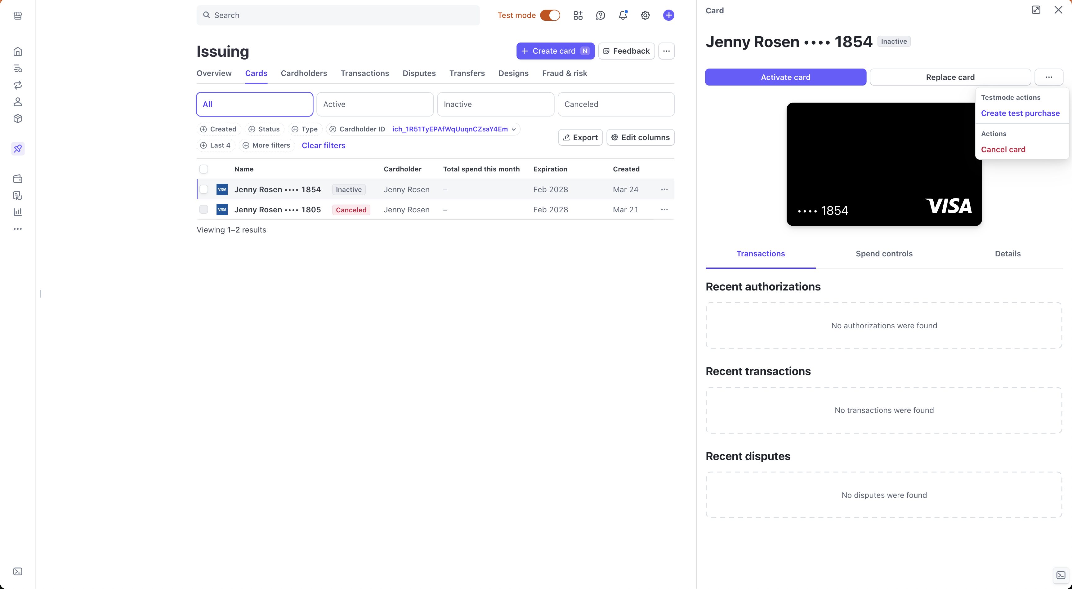 Issuing card details menu with 'Create test purchase' option