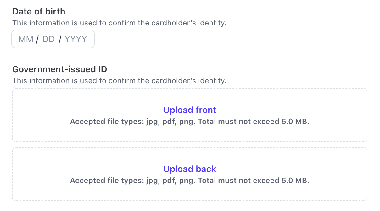 Issuing cardholder form identity verification fields