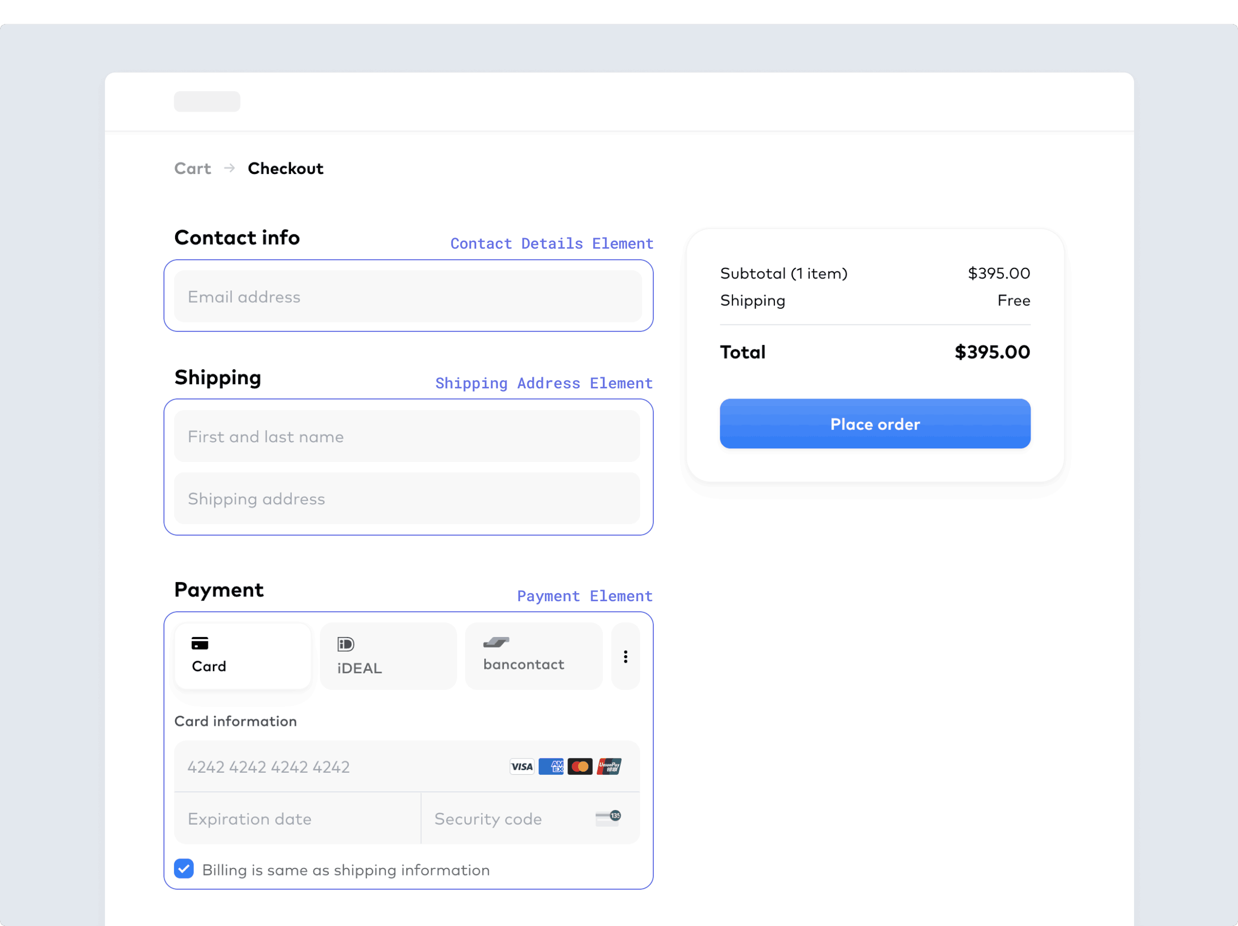 A checkout page that includes the Contact Details Element, Address Element, and Payment Element.