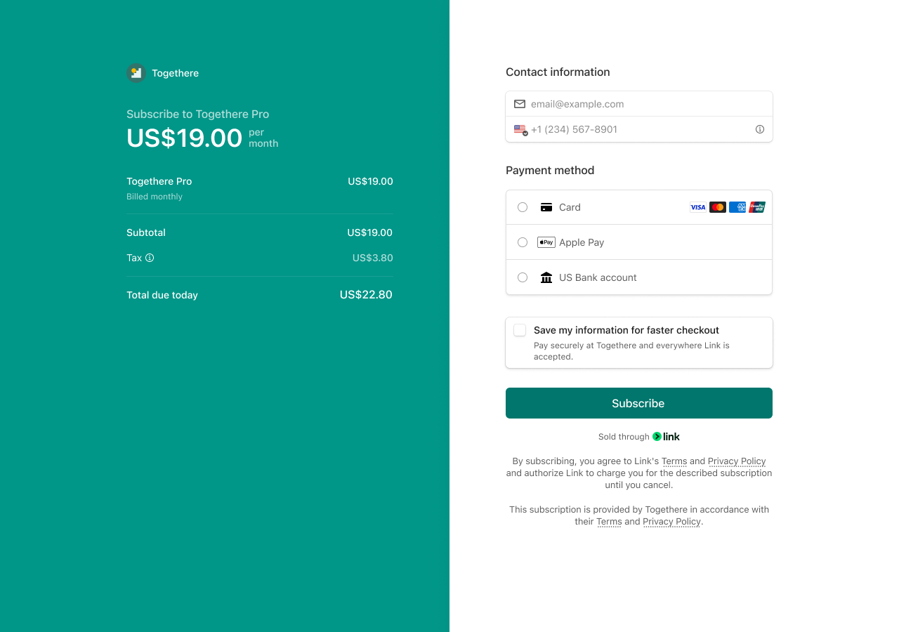 A checkout page using Managed Payments