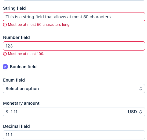 Configuration form with string, number, boolean, enum, monetary amount, and decimal field types in the Dashboard.
