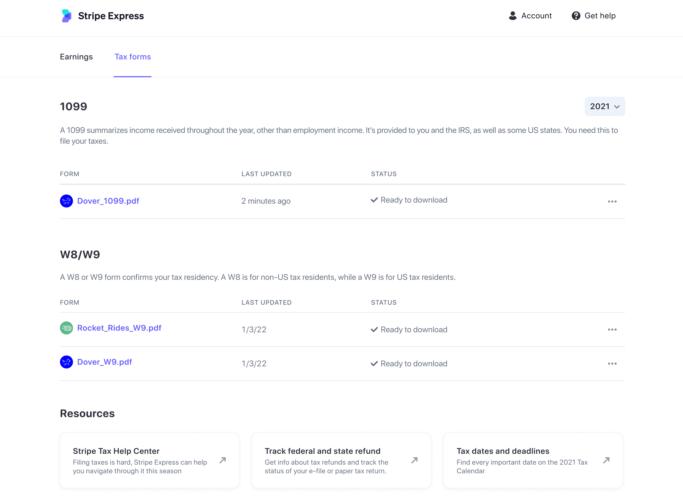 Connect tax forms page showing forms that are ready to download in the Express Dashboard