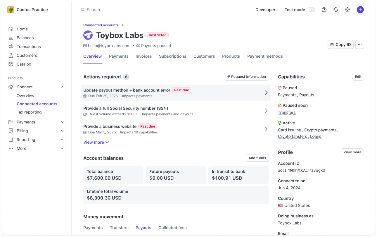 A connected account's details page.