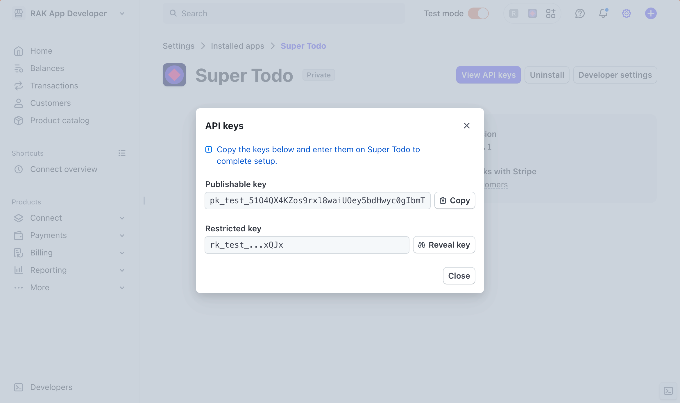 Copying the app keys from settings page