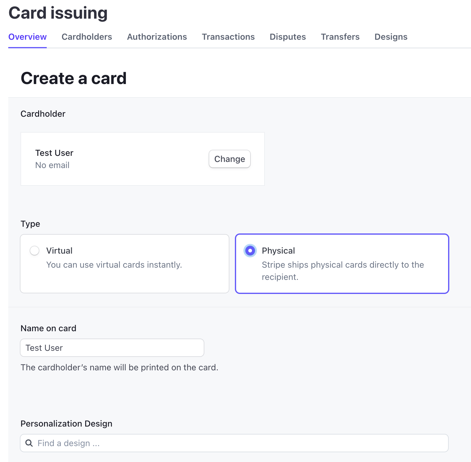 Card creation modal