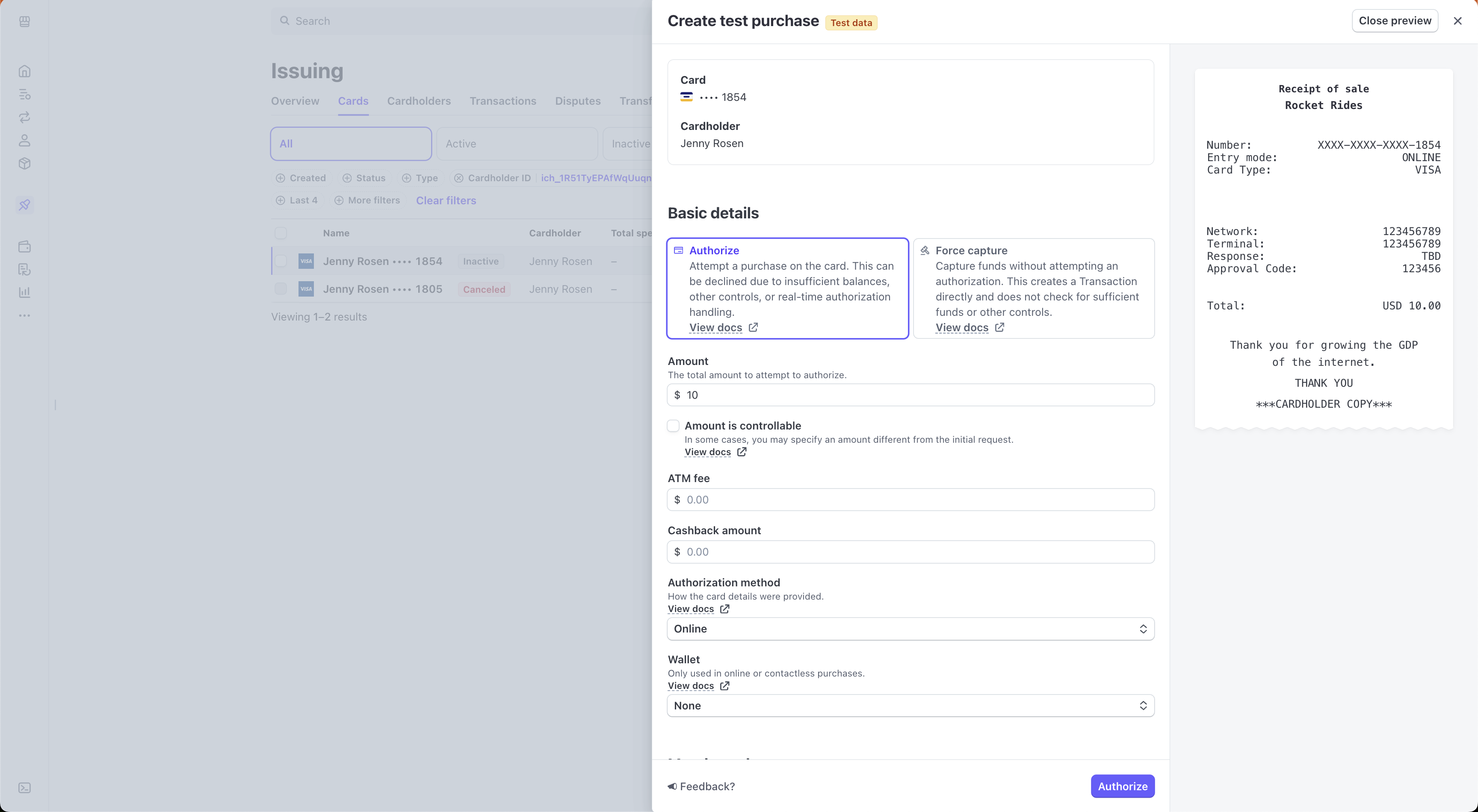 Create test purchase sidebar form