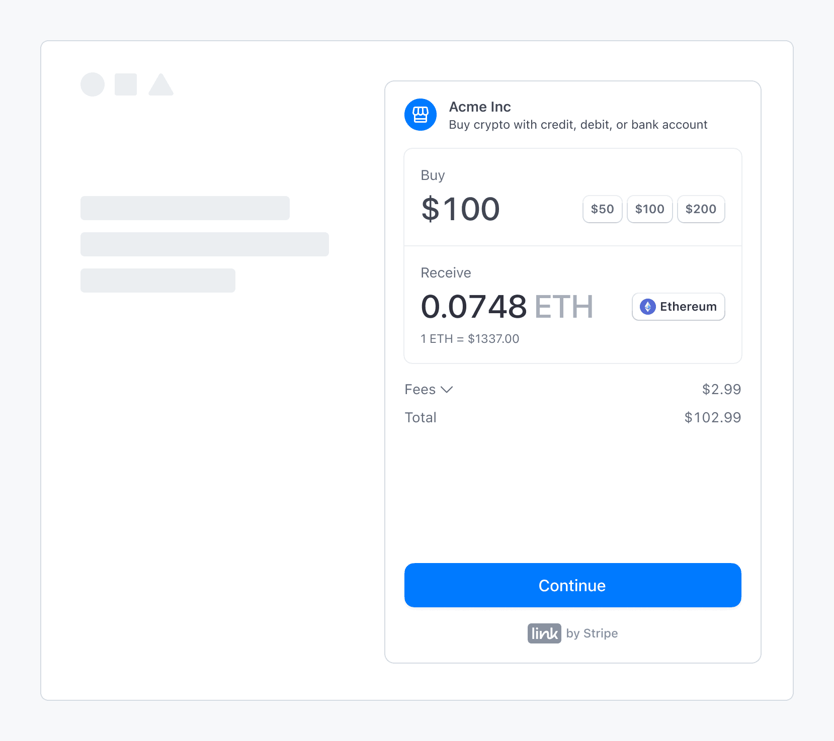 An example of Stripe's fiat-to-crypto onramp being embedded into a 3rd party application