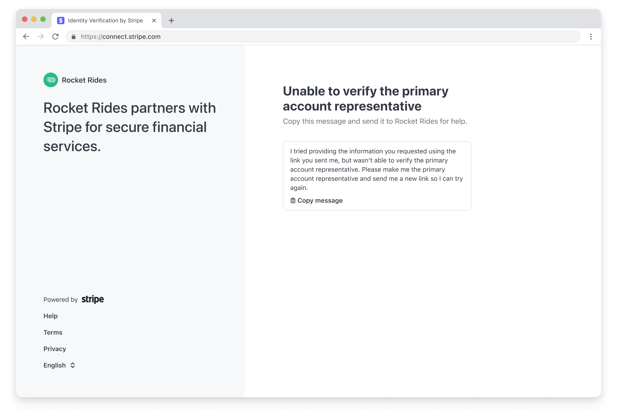 The page shown when a connected account fails to verify their identity