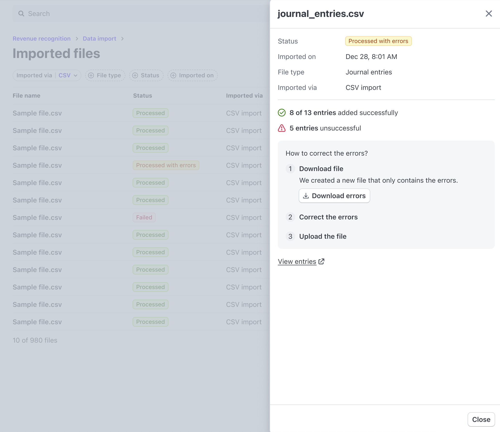 Data import detail drawer