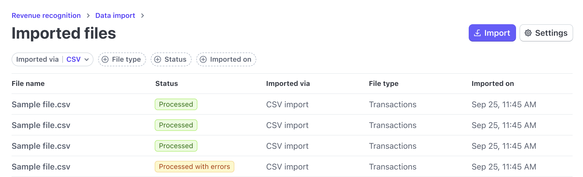 Data import imported files csv list