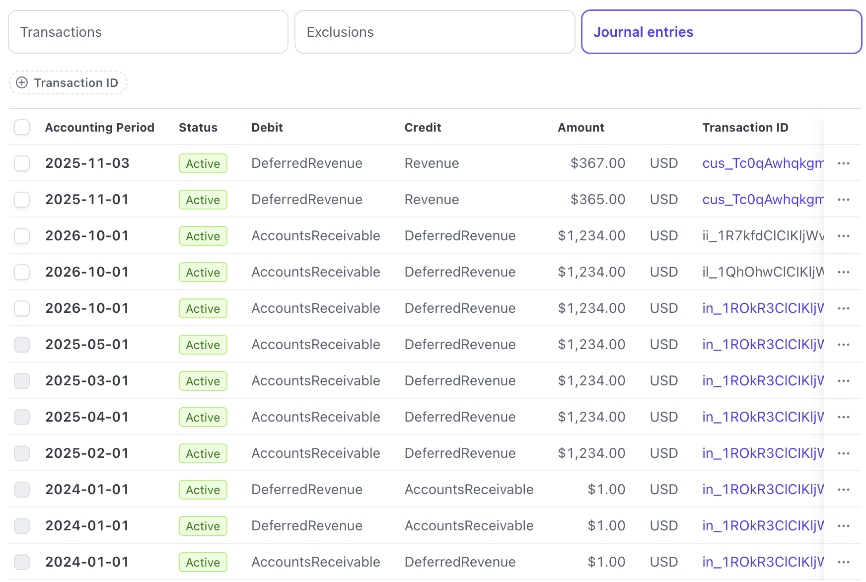Data import journal entry list