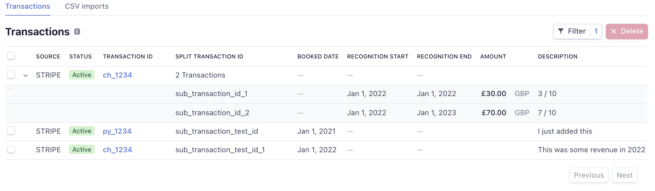 Liste des transactions d'importation de données avec transactions fractionnées développées