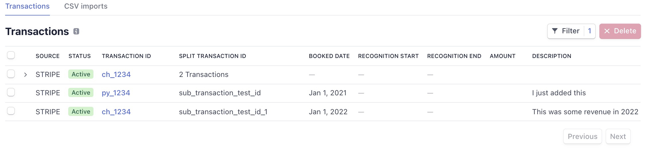 Liste des transactions d'importation de données