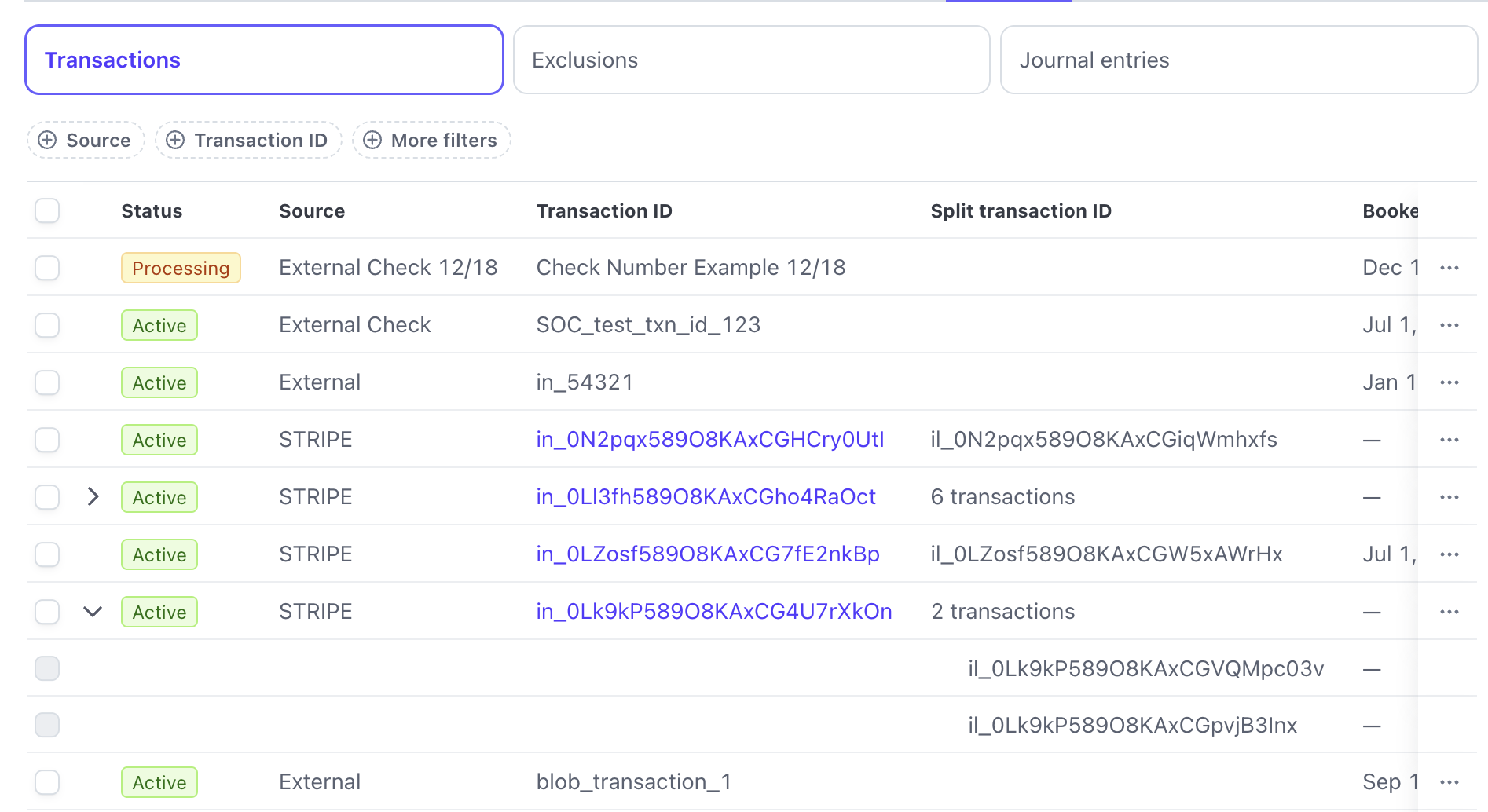 Data import transaction list with split transactions expanded