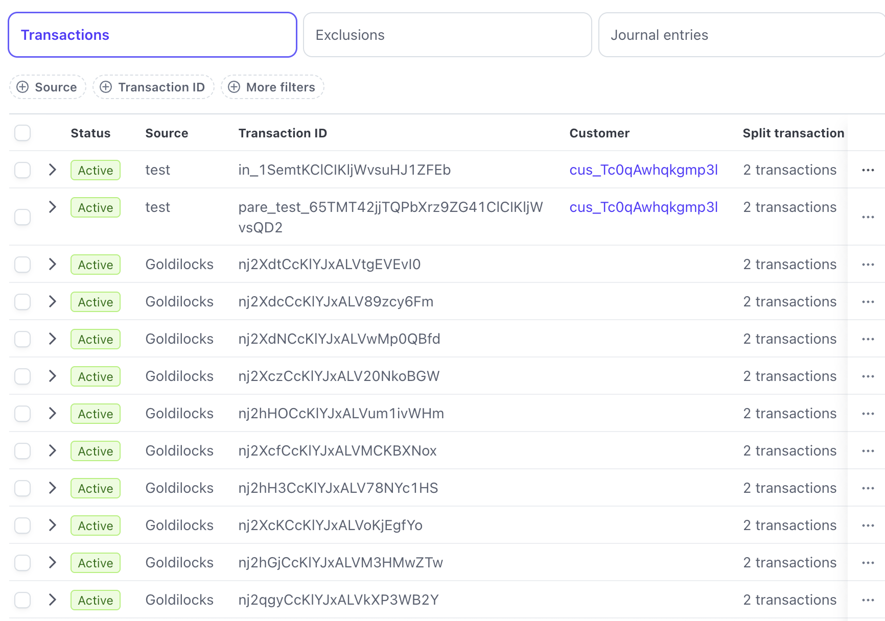 Data import transaction list