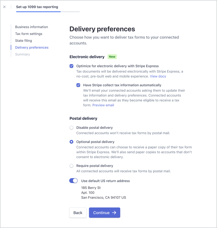 Delivery method selection screen.