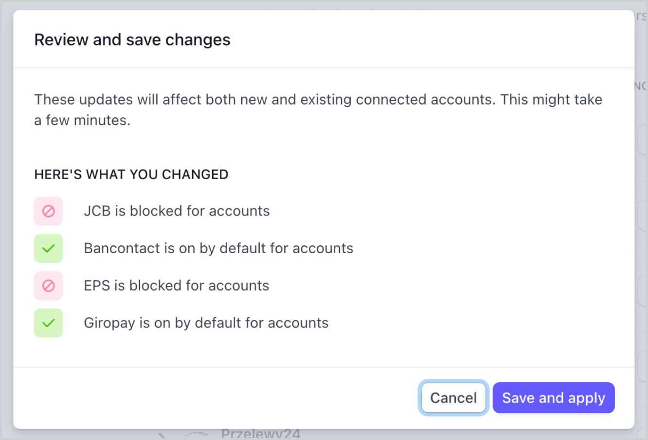 Window that appears after clicking Save button with a list of what the user changed