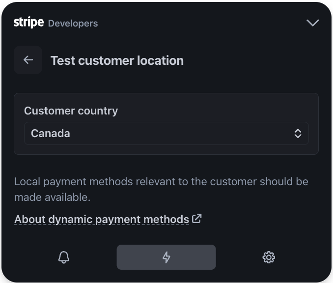 The customer location simulation tab in the test mode assistant