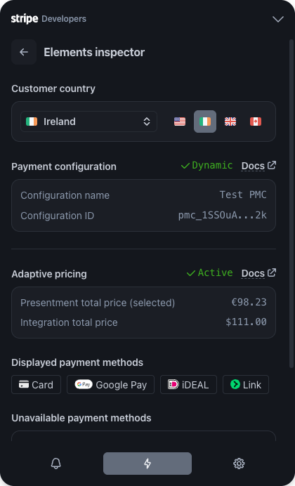 The Stripe Elements inspector tool showing an Irish customer configuration with adaptive pricing active, displaying the currency conversion from dollars to euros, and available payment methods like Google Pay and iDEAL.