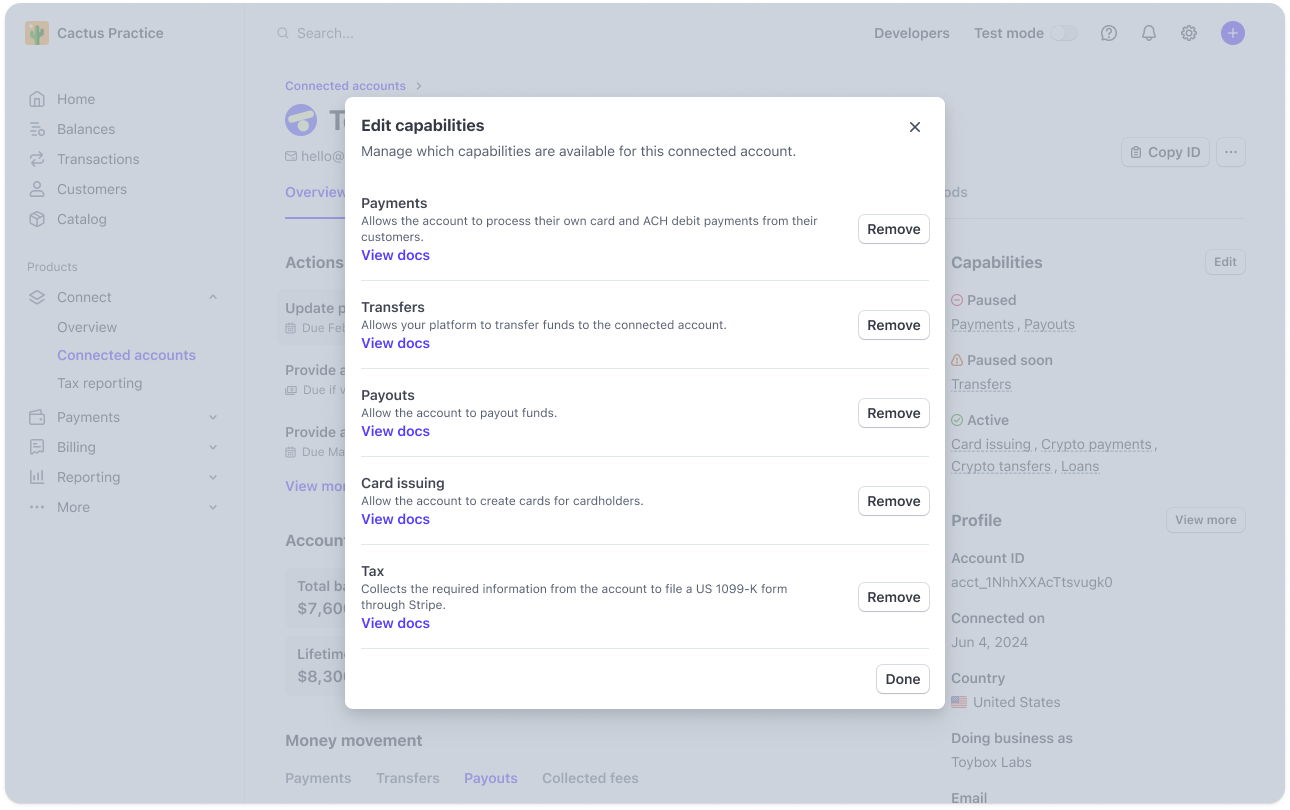 Manage connected account capabilities