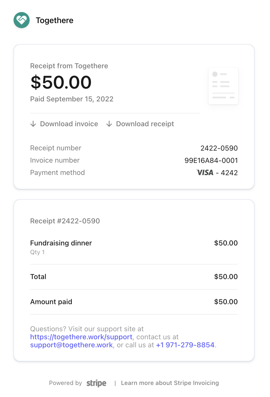Screenshot of the invoice summary email Stripe sends