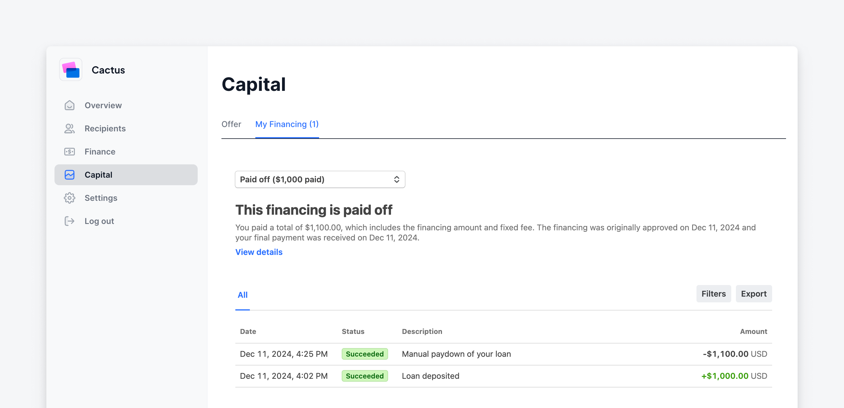 Example UI using Capital Financing embedded component