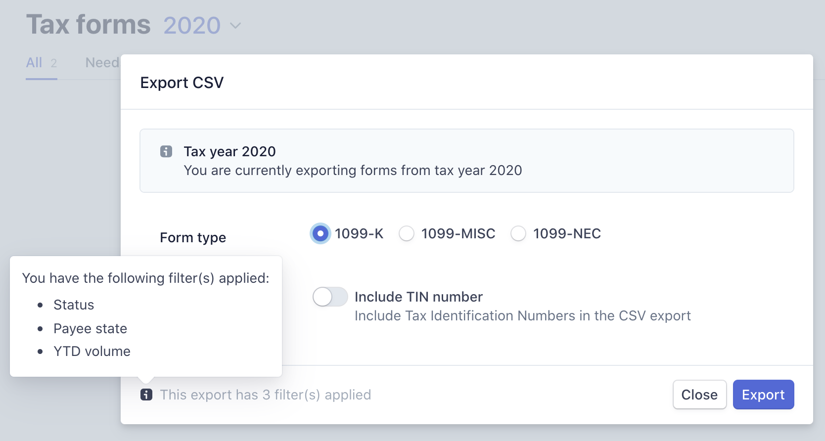 Export tax forms to CSV file format