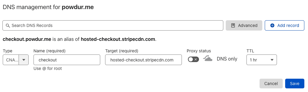 What the form looks like filled out, for an example domain