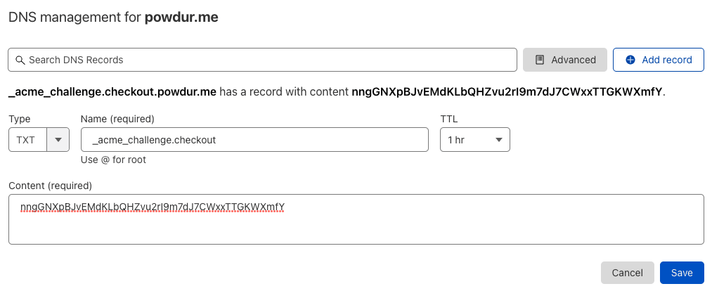 What the form looks like filled out, for an example domain