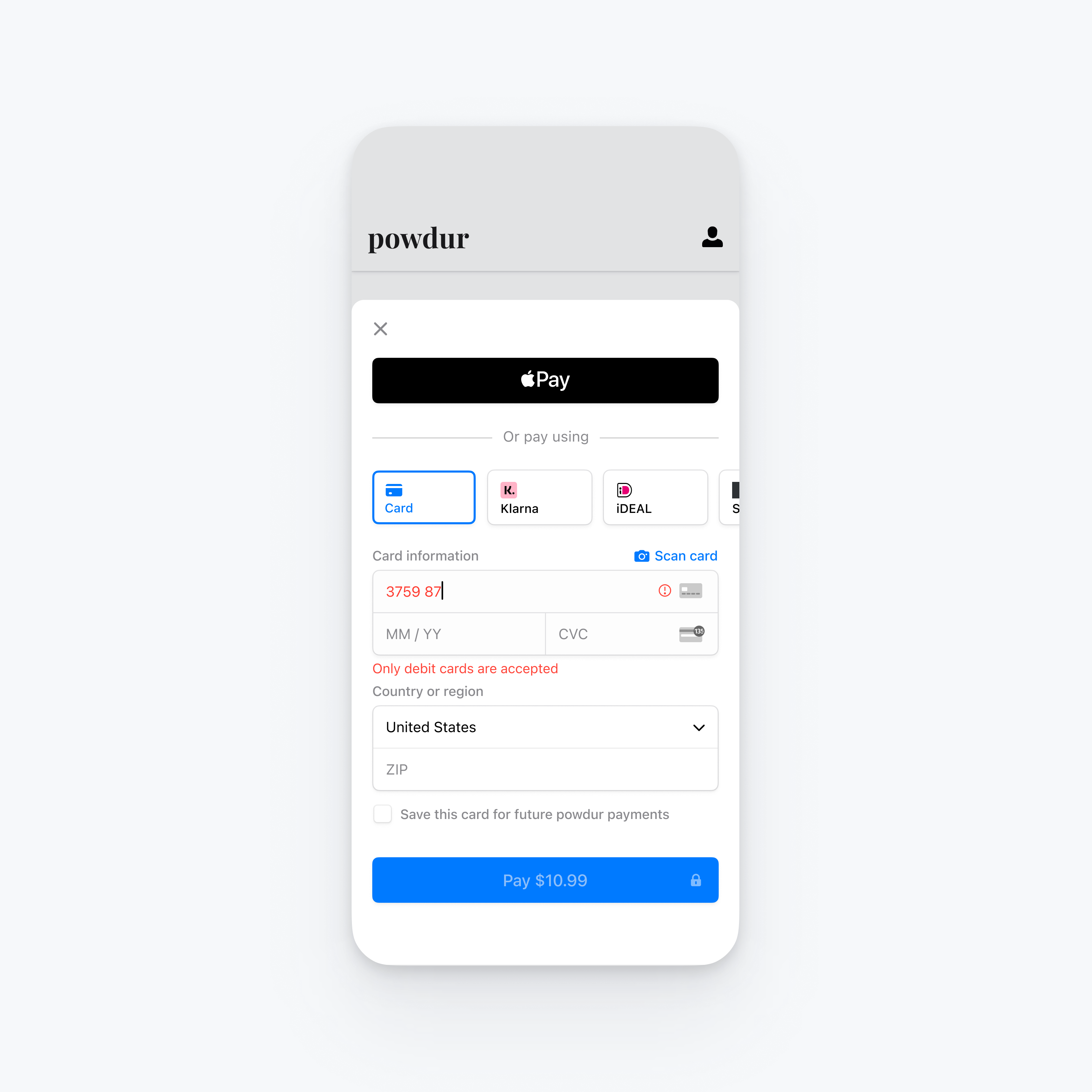 The Mobile Payment Element when a card funding type is disallowed