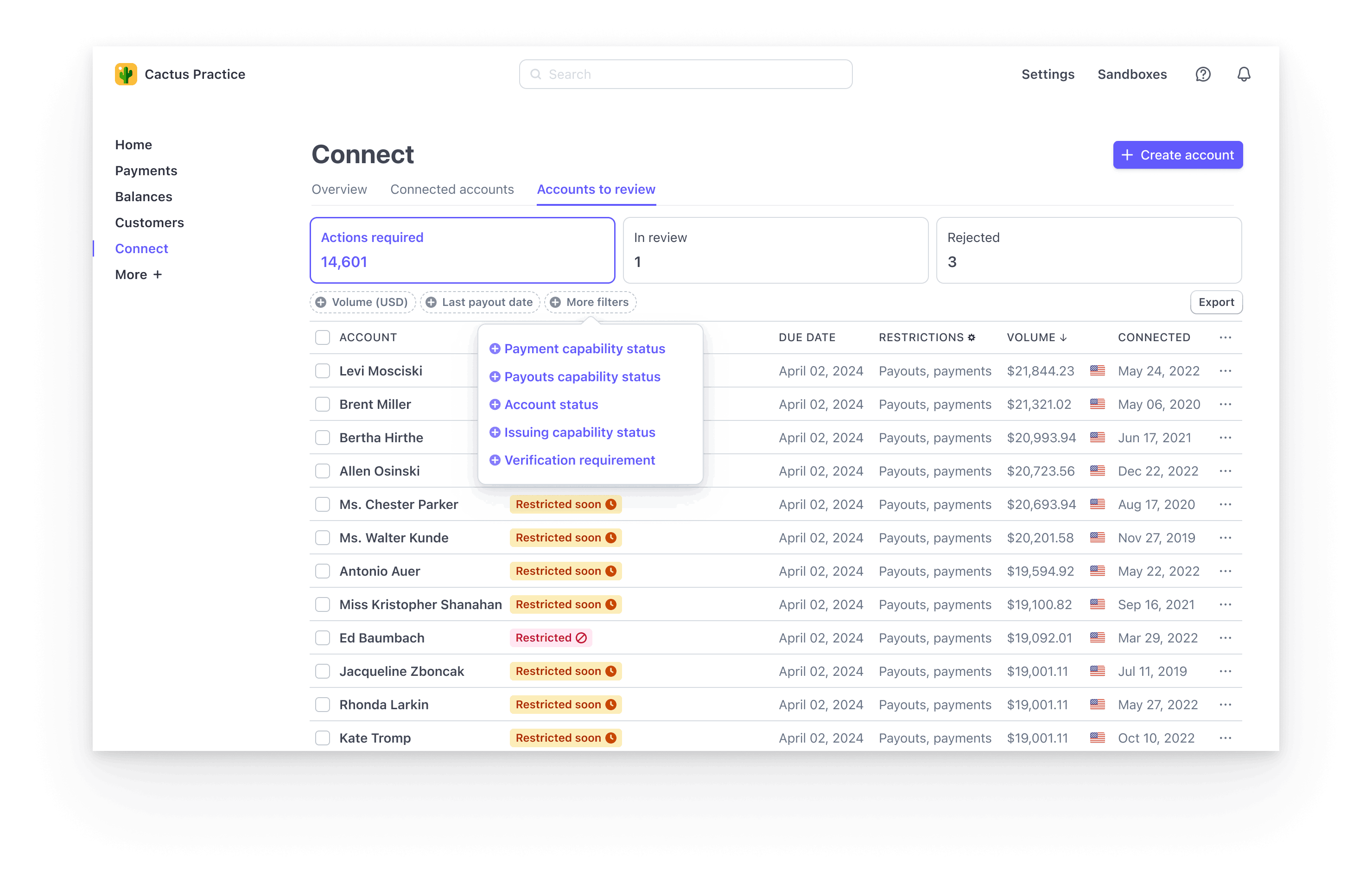 A tooltip showing additional filters on the Accounts to review page, including Payments capability status and Payouts capability status.