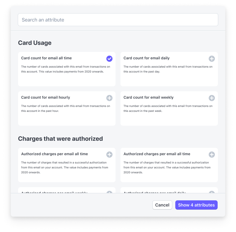 Radar rule attribute selection modal