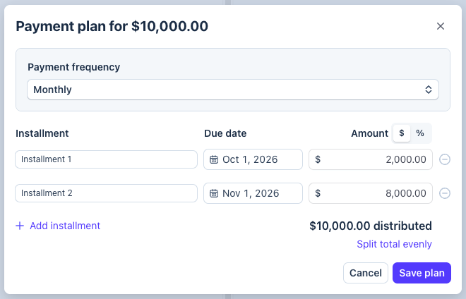 Configure the payment plan through the Dashboard