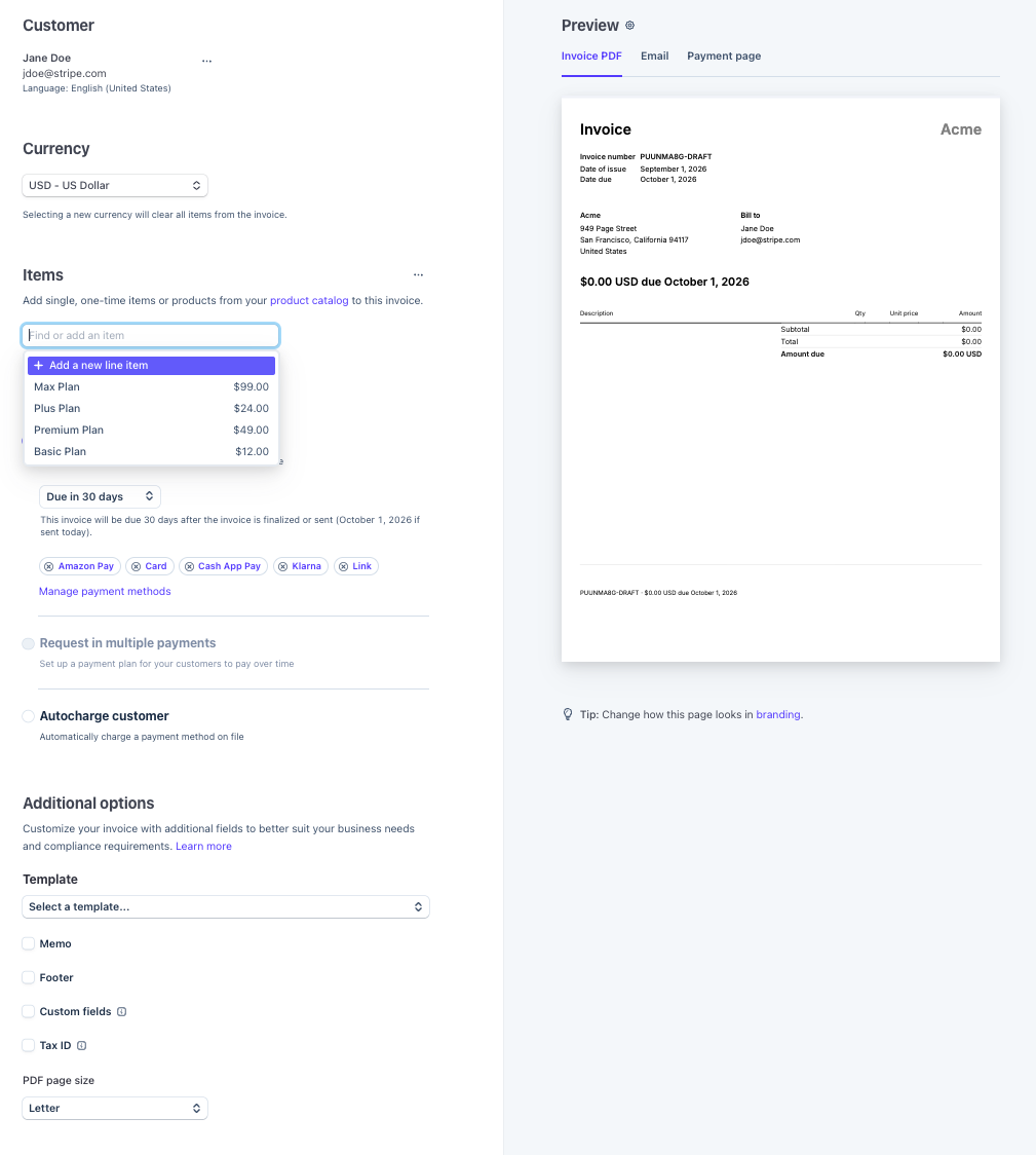 Create an invoice with the Dashboard