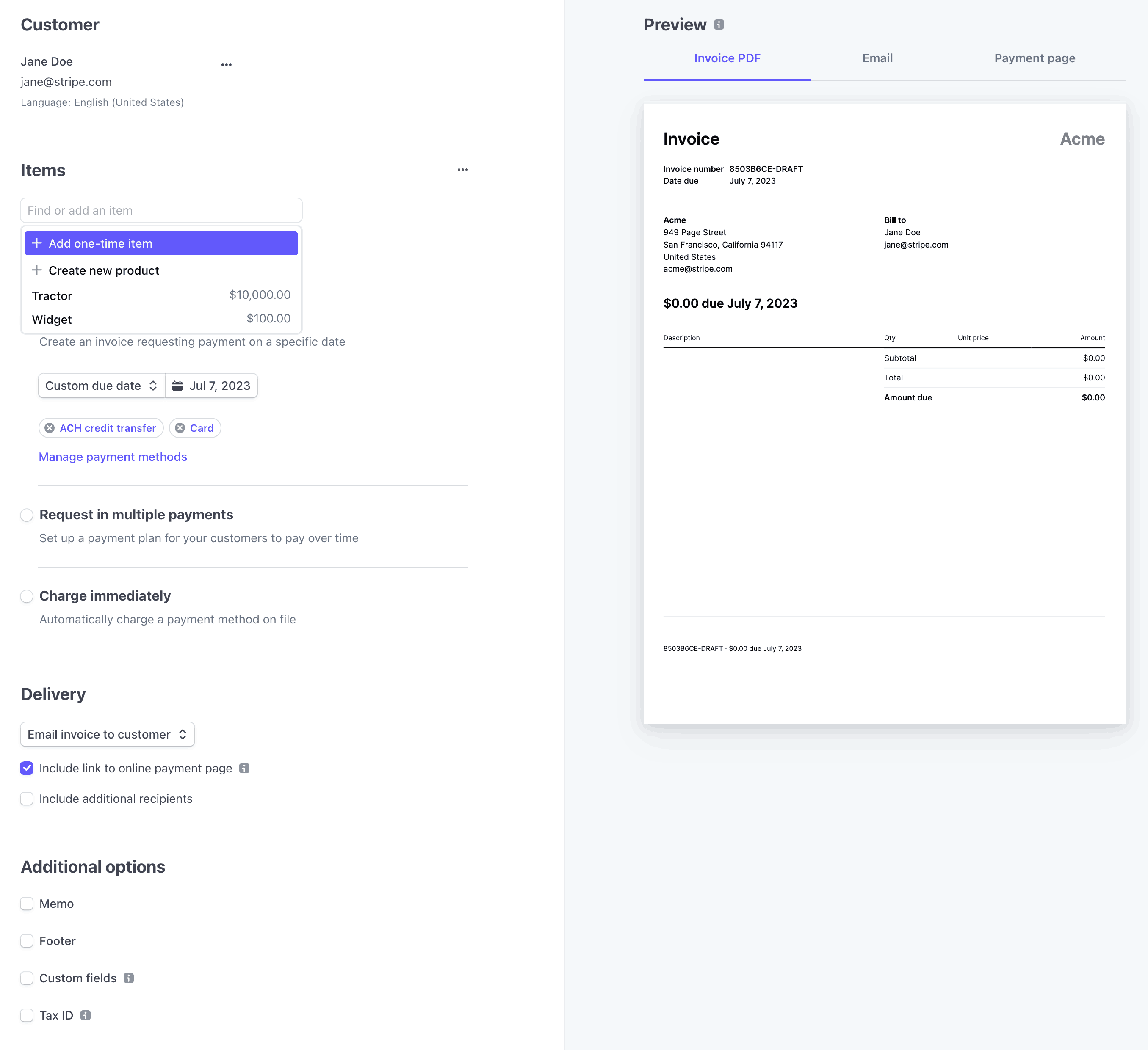 Create an invoice with the Dashboard