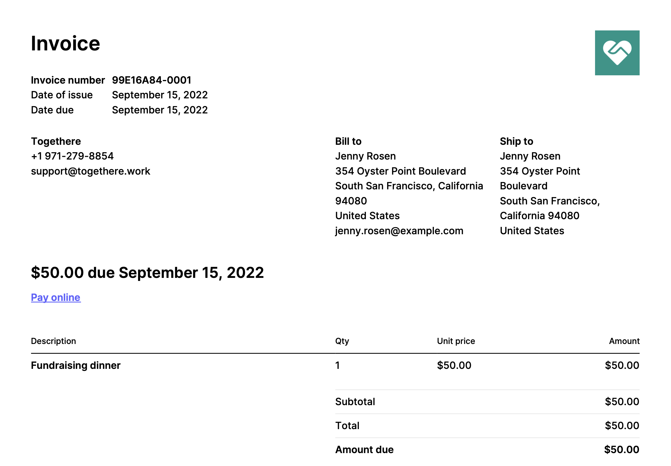 Screenshot of the invoice PDF that customers can download from the invoice summary email