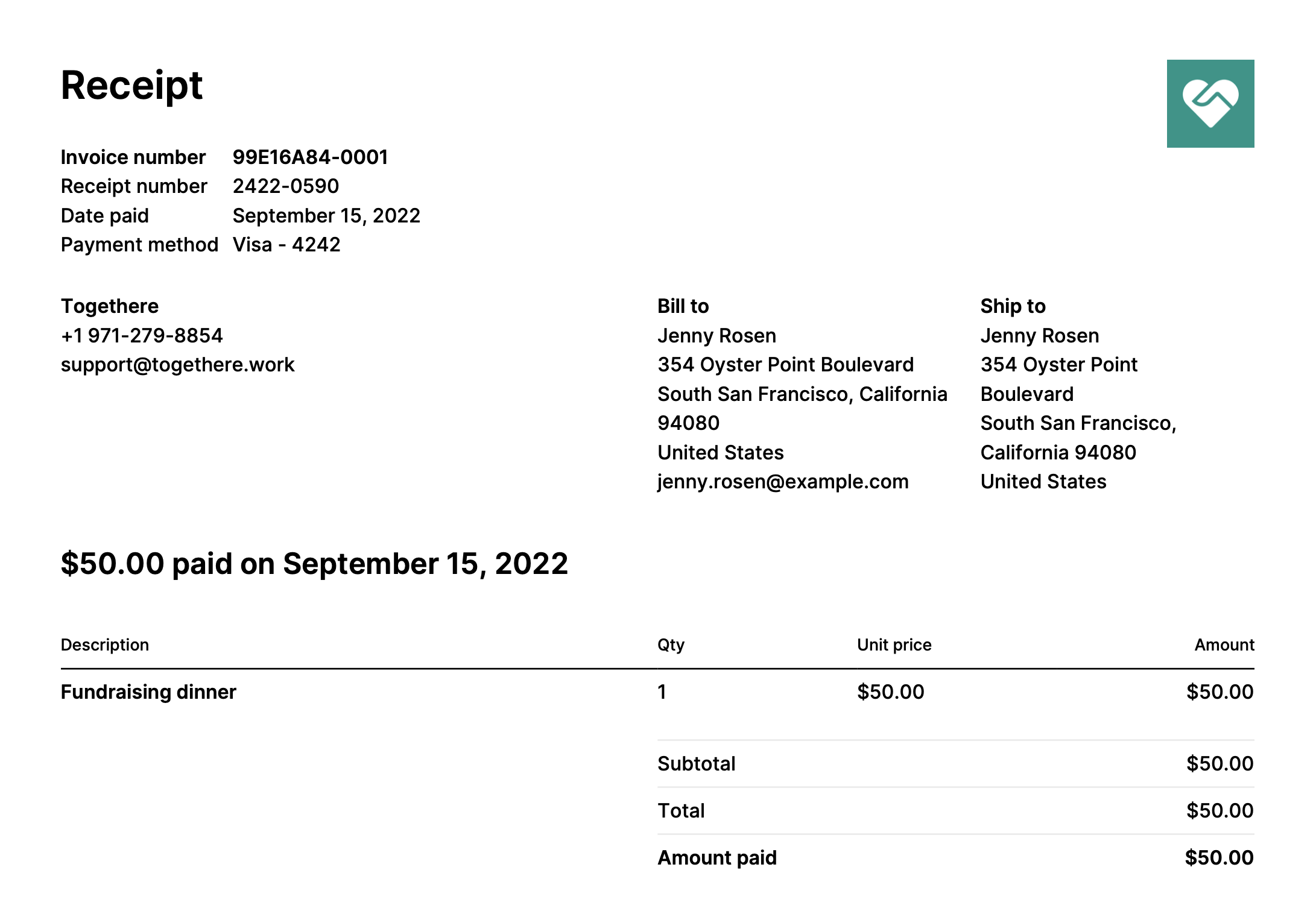 Screenshot of the invoice receipt that customers can download from the invoice summary email